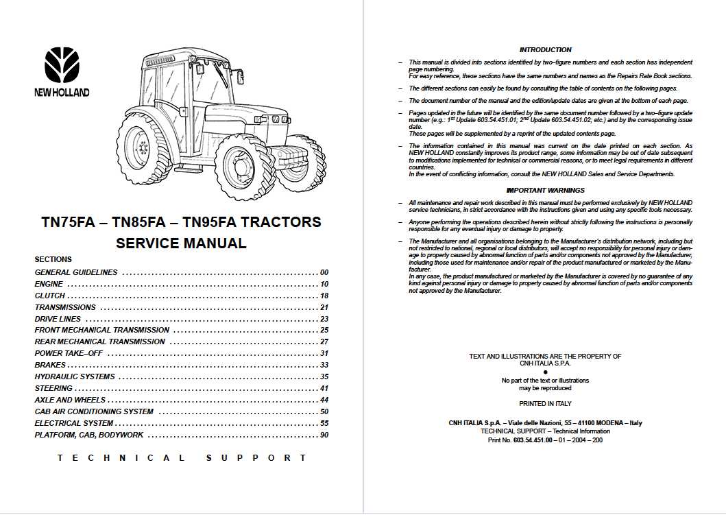New Holland TN75FA TNH85FA TN95FA Tractor Service Manual