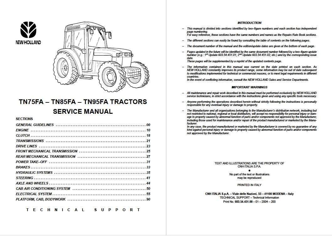 New Holland TN75FA TNH85FA TN95FA Tractor Service Manual