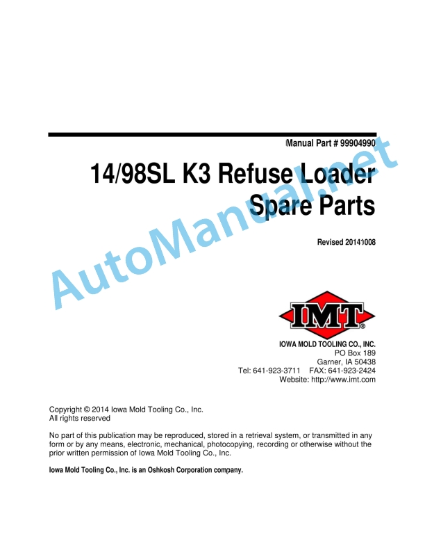 IMT 14 98SL K3 Refuse Loader Spare Parts 99904990 20141008