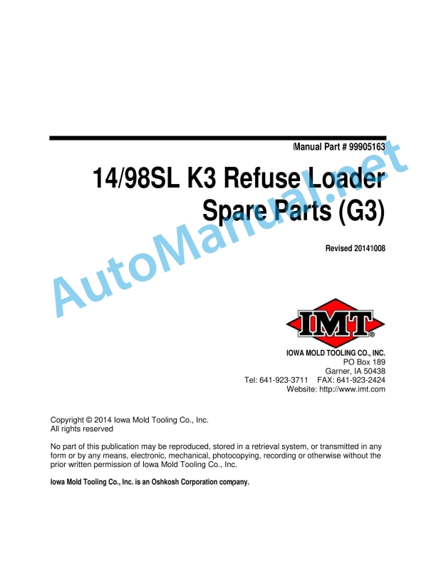 IMT 14 98SL K3 Refuse Loader Spare Parts Manual 9905163 Revised 20141008