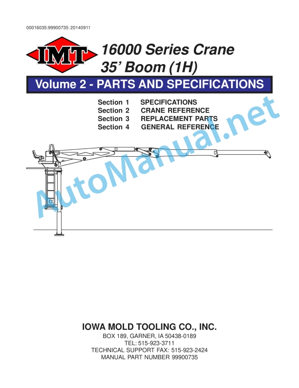IMT 16000 Series Crane 35' Boom (1H) PARTS AND SPECIFICATIONS 99900735