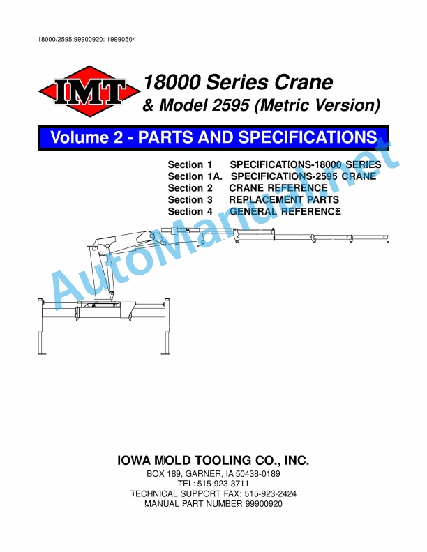 IMT 18000 Series Crane and Model 2595 Parts and Specifications 99909020