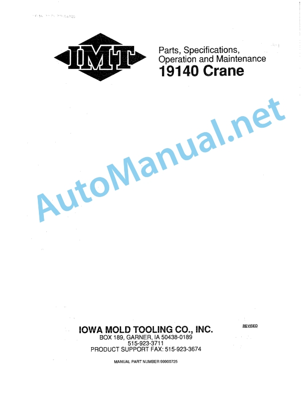 IMT 19140 Crane Parts, Specifications, Operation and Maintenance 99900725