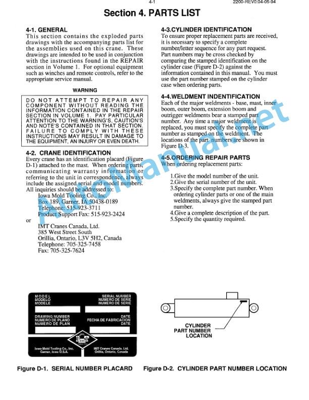 Alternative view of IMT 2200 Series Crane Parts and Specifications 990092 02-03-97