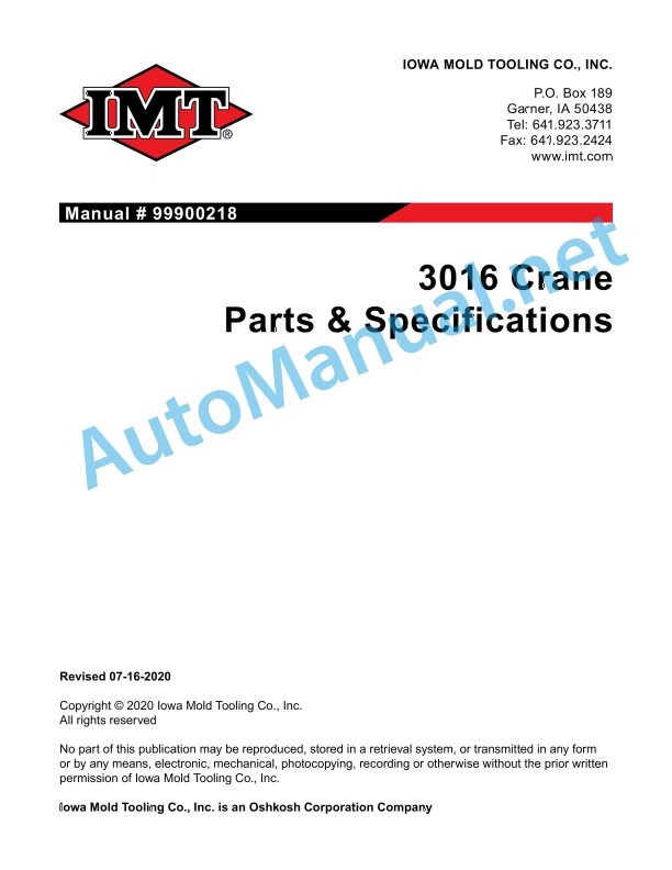 IMT 3016 Crane Parts and Specifications 99900218 07-16-2020