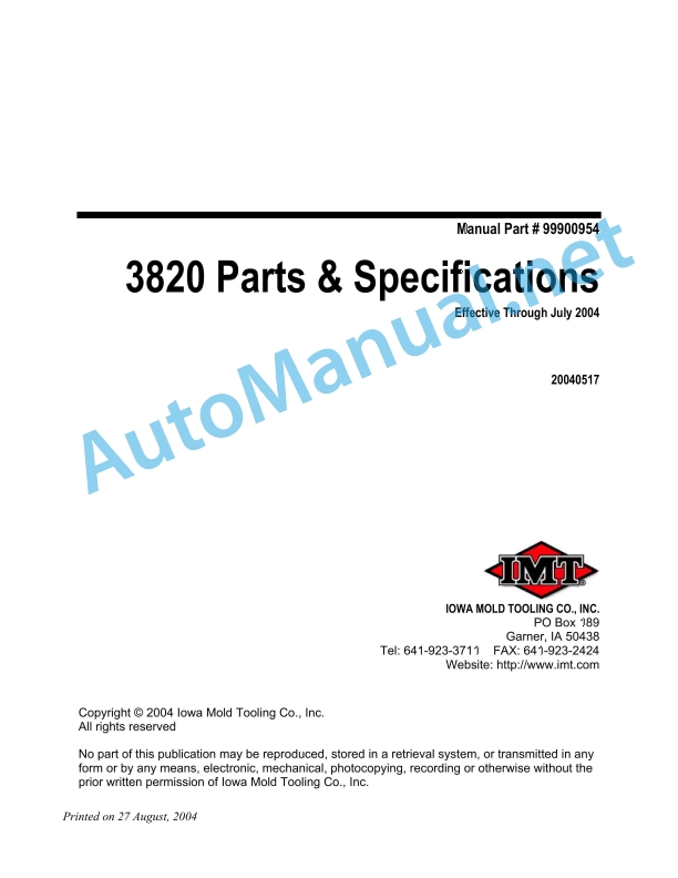IMT 3820 Parts and Specifications 99900954 Effective Through July 2004