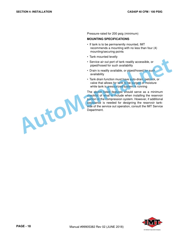 Alternative view of IMT 40 CFM 100 PSIG Standard Reciprocating Compressor CAS40P Installation, Operation, Maintenance and Parts Manual 99905382 Effective Date62018