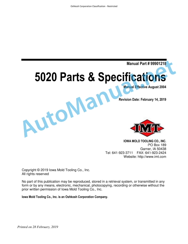IMT 5020 Parts and Specifications 9901218 August 2004