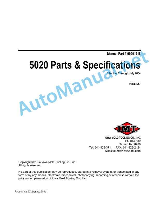 IMT 5020 Parts and Specifications 9901218 Effective Through July 2004
