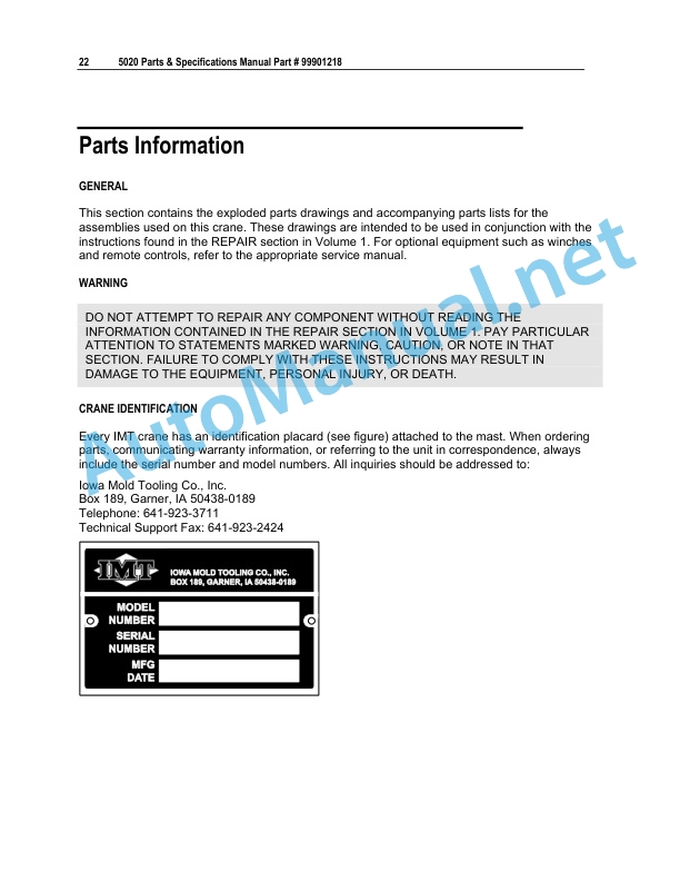 Alternative view of IMT 5020 Parts and Specifications 9901218 Effective Through July 2004