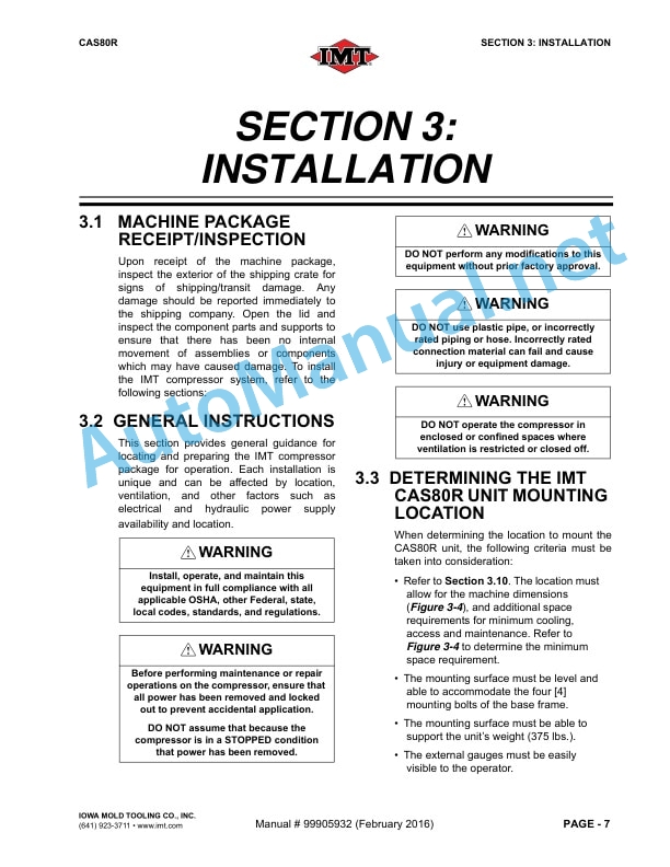 Alternative view of IMT 60-85 CFM Hydraulic-Driven Rotary Screw Air Compressor Installation, Operation, Maintenance and Parts Manual 99905932 201602