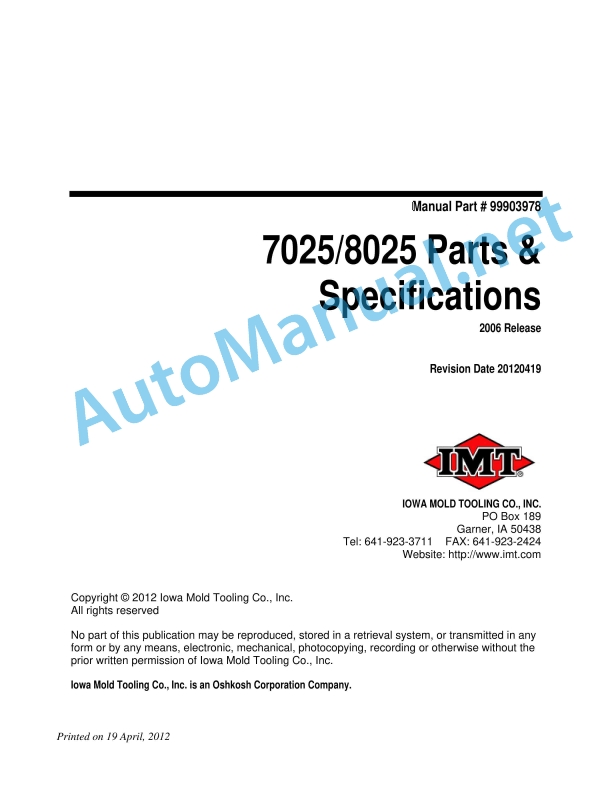 IMT 7025 8025 Parts and Specifications 9909378 Revision Date 20120419