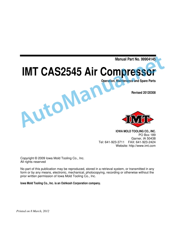 IMT CAS2545 Air Compressor Operation, Maintenance and Spare Parts 99904145 Revised 20120308
