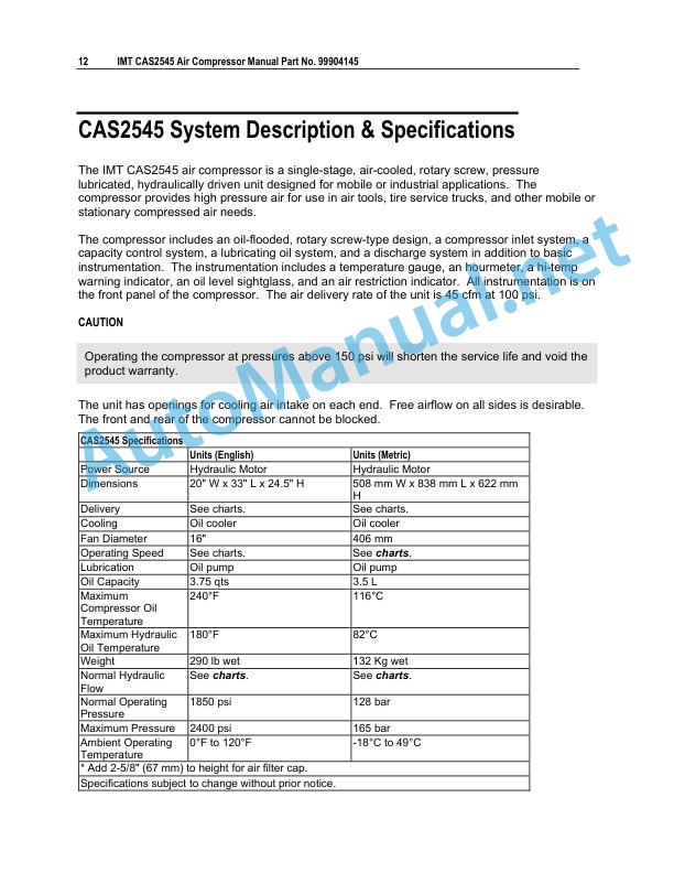 Alternative view of IMT CAS2545 Air Compressor Operation, Maintenance and Spare Parts 99904145 Revised 20120308