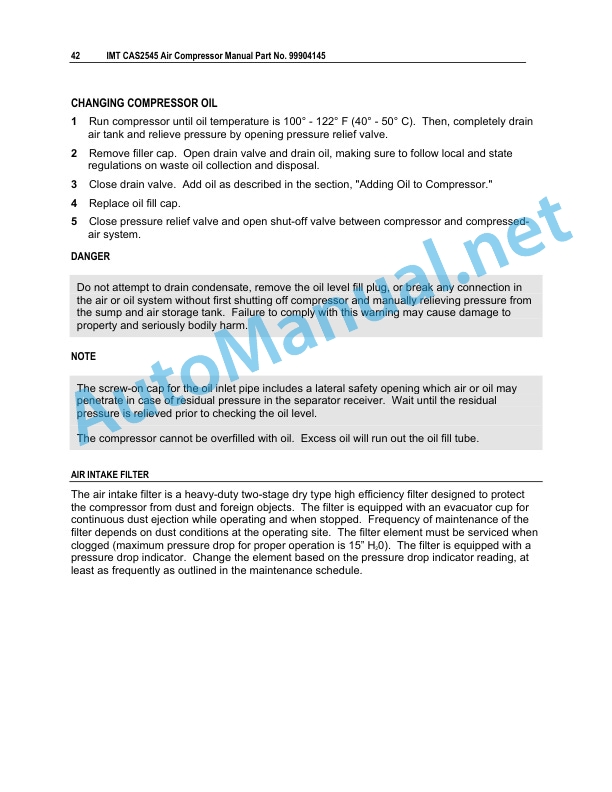 IMT CAS2545 Air Compressor Operation, Maintenance and Spare Parts 99904145 Revised 20120308 4 IMT CAS2545 Air Compressor Operation, Maintenance and Spare Parts 99904145 Revised 20120308 - Image 4
