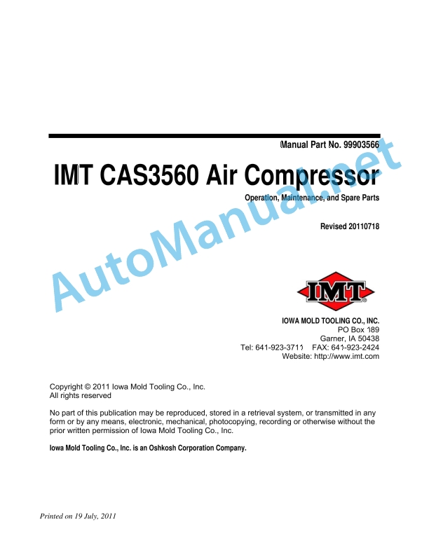 IMT CAS3560 Air Compressor Operation, Maintenance, and Spare Parts 9903566 20110718