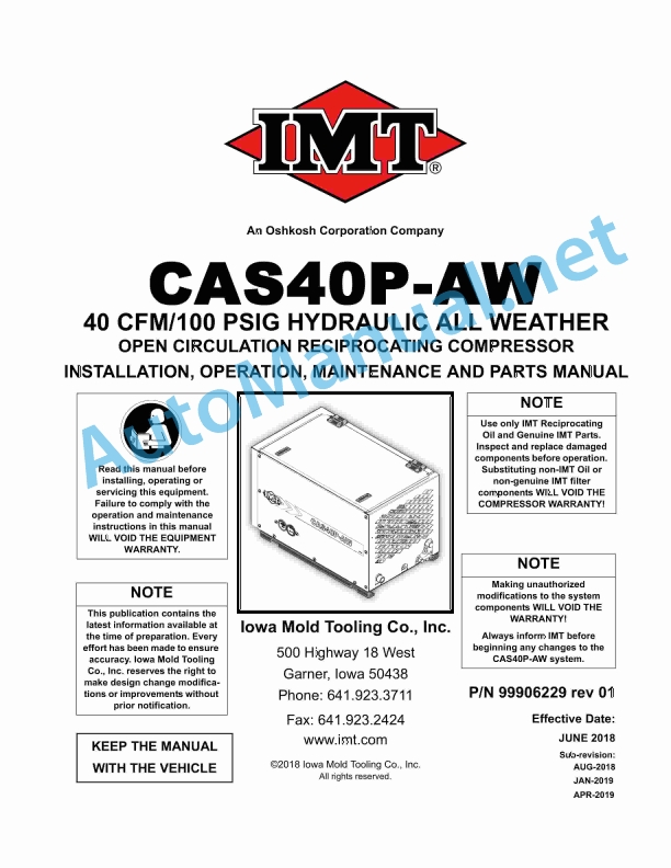 IMT CAS40P-AW Installation, Operation, Maintenance and Parts Manual PN 99906229 rev 01 June 2018