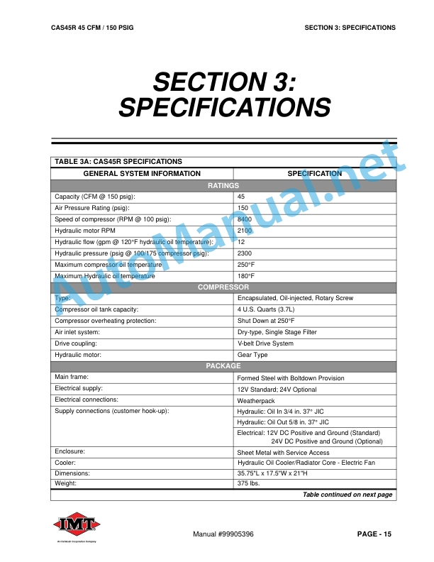 Alternative view of IMT CAS45R STANDARD ROTARY SCREW COMPRESSOR INSTALLATION, OPERATION, MAINTENANCE AND PARTS Manual 99905396 412