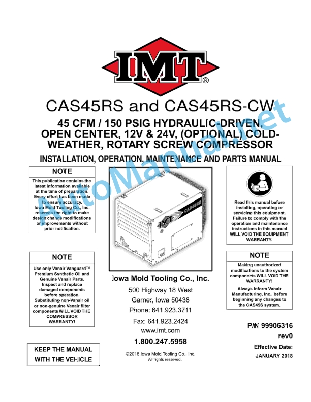 IMT CAS45RS and CAS45RS-CW Installation, Operation, Maintenance and Parts Manual 99096316 January 2018