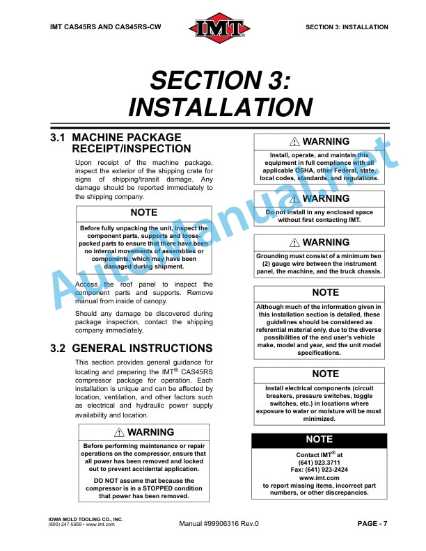 Alternative view of IMT CAS45RS and CAS45RS-CW Installation, Operation, Maintenance and Parts Manual 99096316 January 2018