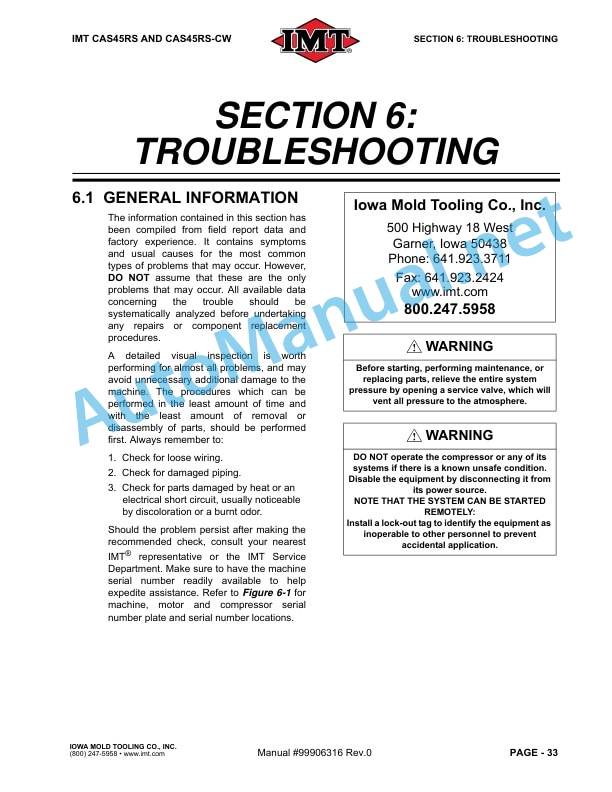 IMT CAS45RS and CAS45RS-CW Installation, Operation, Maintenance and Parts Manual 99096316 January 2018 4 IMT CAS45RS and CAS45RS-CW Installation, Operation, Maintenance and Parts Manual 99096316 January 2018 - Image 4