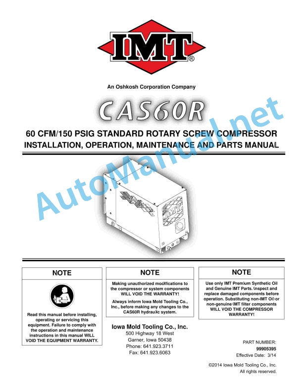 IMT CAS60R INSTALLATION, OPERATION, MAINTENANCE AND PARTS Manual 99905395 314