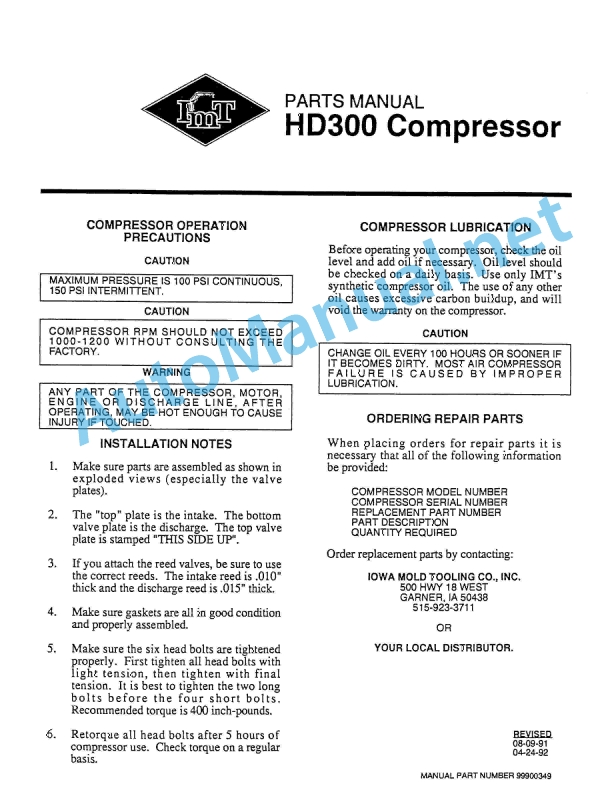 IMT HD300 Compressor PARTS Manual 99900349 Revised 04-24-92
