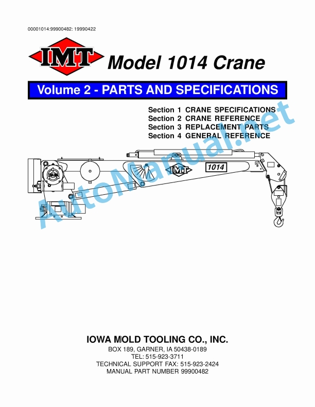 IMT Model 1014 Crane PARTS AND SPECIFICATIONS 99900482