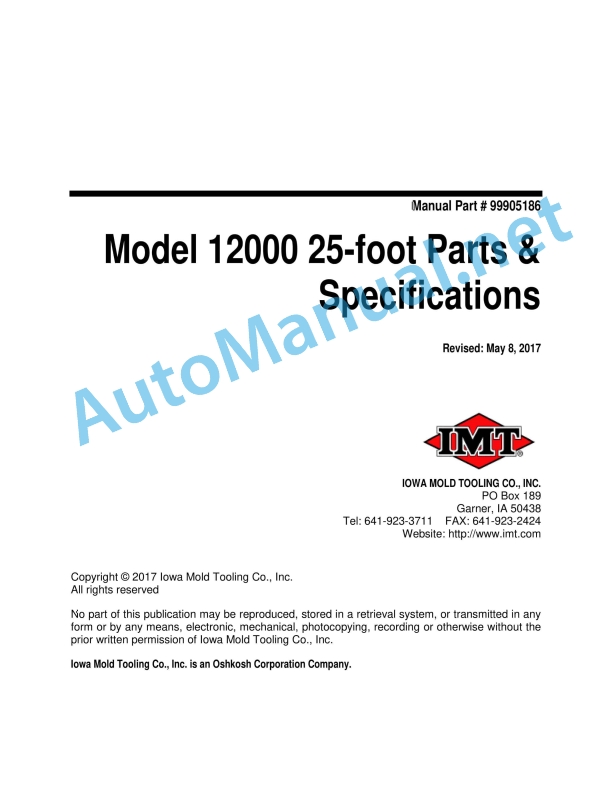 IMT Model 12000 25-foot Parts and Specifications 9905186 May 8, 2017