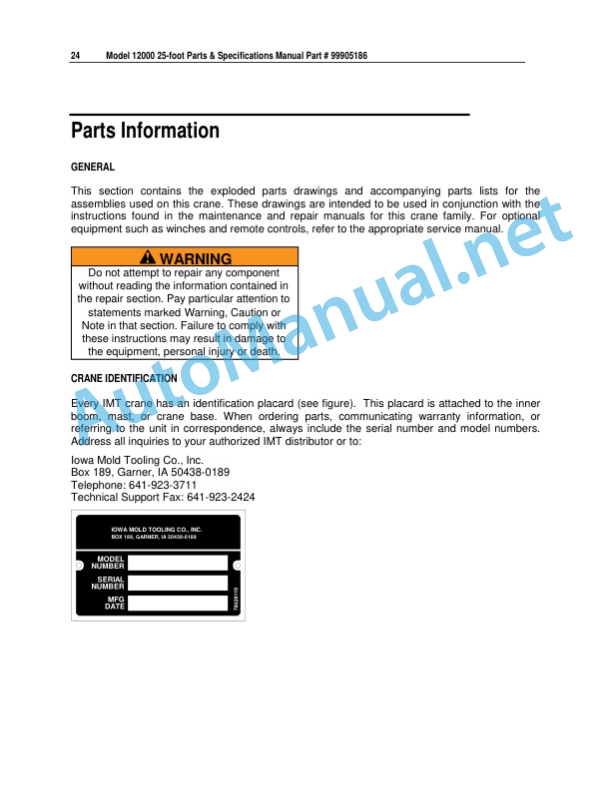 Alternative view of IMT Model 12000 25-foot Parts and Specifications 9905186 May 8, 2017