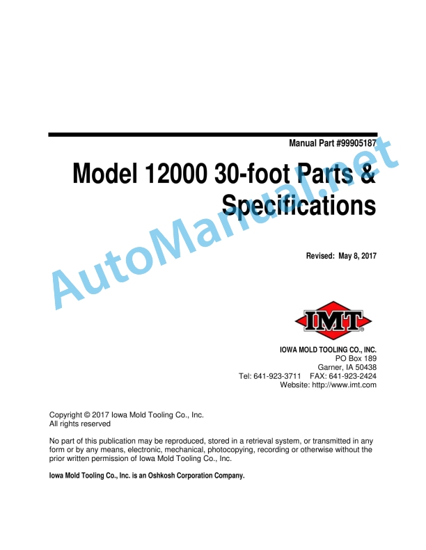 IMT Model 12000 30-foot Parts and Specifications 99905187 May 8, 2017