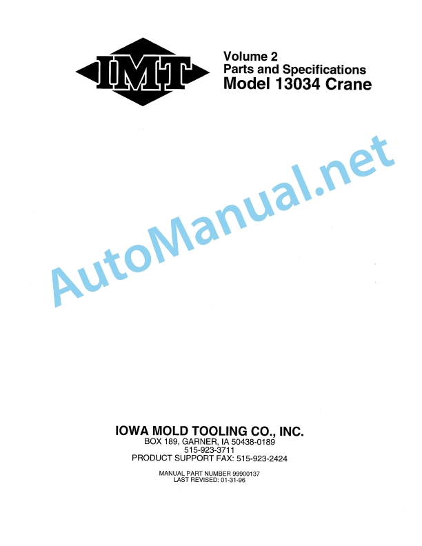 IMT Model 13034 Crane Parts and Specifications 9900137 January 31, 1996