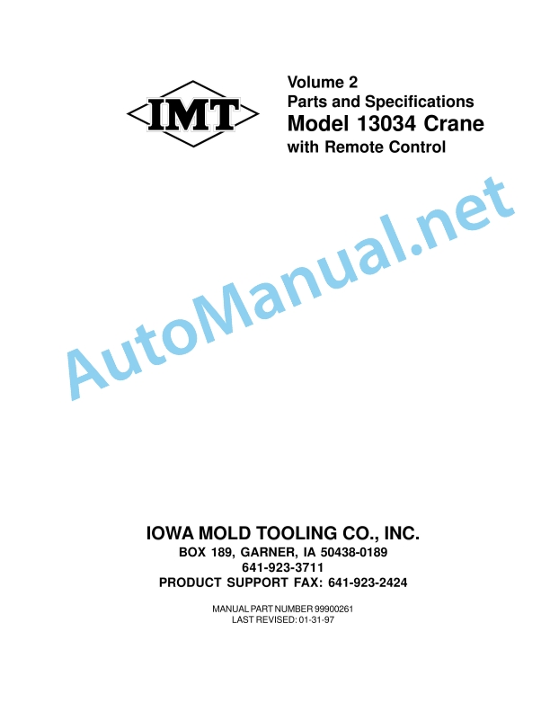 IMT Model 13034 Crane with Remote Control Parts and Specifications 99900261 01-31-97
