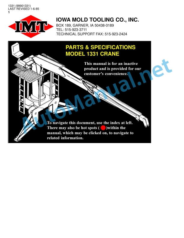 IMT MODEL 1331 CRANE PARTS and SPECIFICATIONS 1331 (99901331) 1-6-85