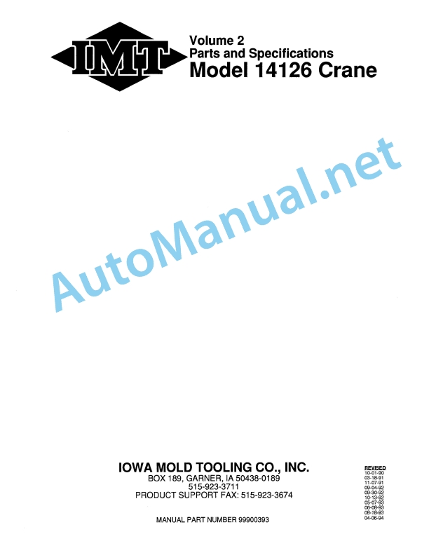 IMT Model 14126 Crane Parts and Specifications 99900939