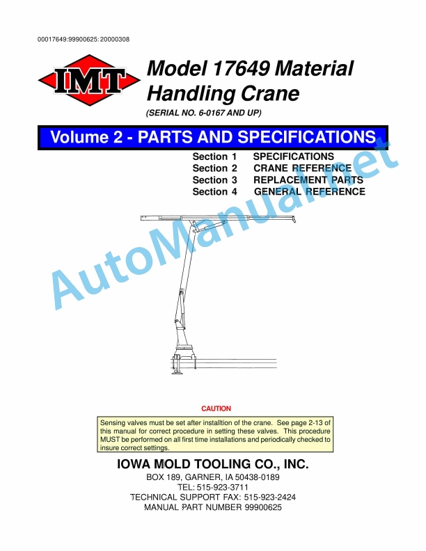 IMT Model 17649 Material Handling Crane Parts and Specifications 99900625