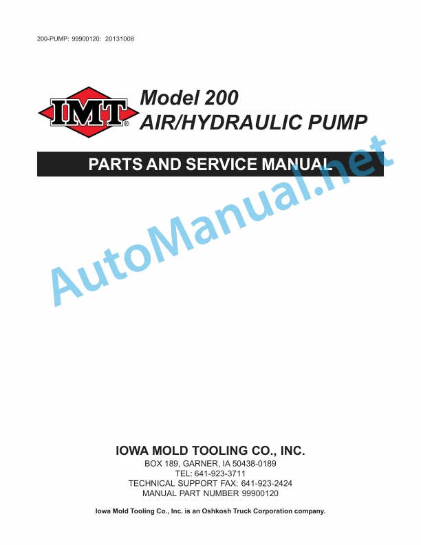 IMT Model 200 AIR HYDRAULIC PUMP PARTS AND SERVICE Manual 99900120 20131008