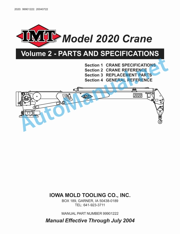 IMT Model 2020 Crane Parts and Specifications 99901222 Effective Through July 2004