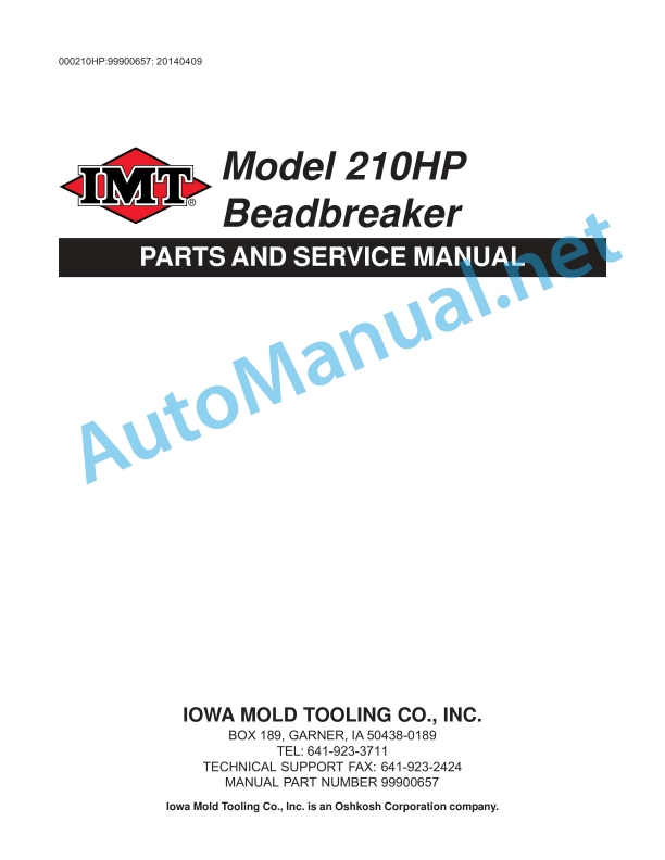 IMT Model 210HP Beadbreaker PARTS AND SERVICE Manual 99900657