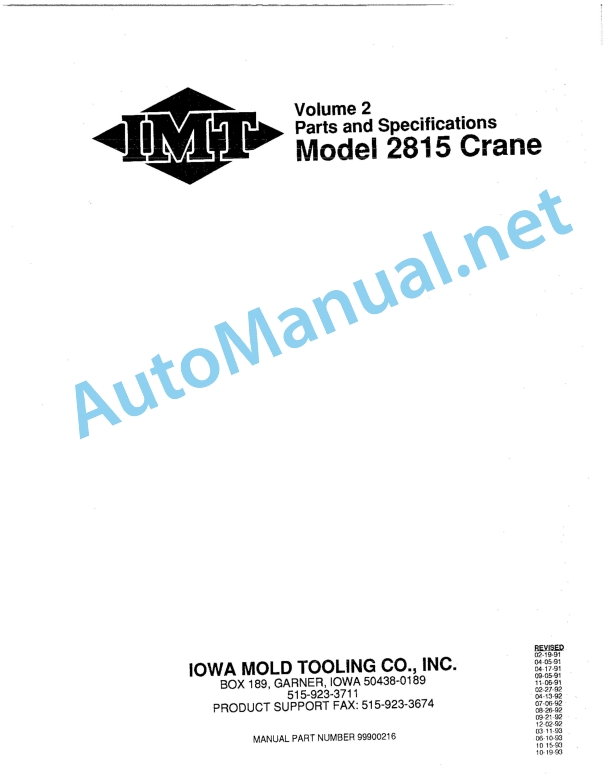 IMT Model 2815 Crane Parts and Specifications 99900216