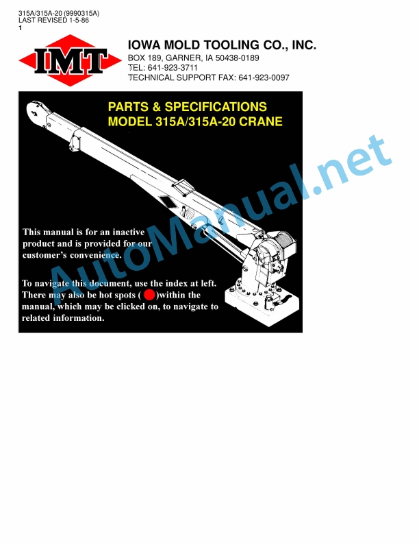 IMT Model 315A 315A-20 Crane Parts and Specifications 9993015A 1-5-86
