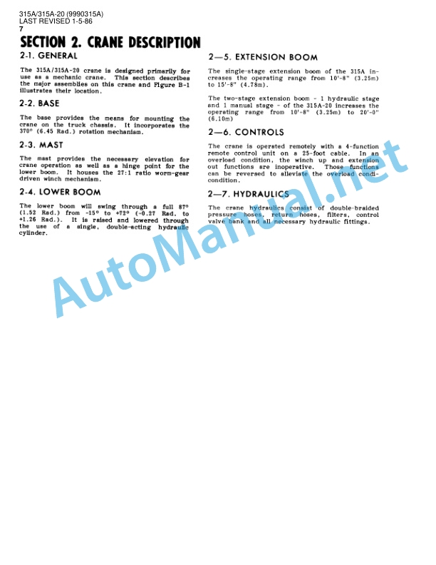 Alternative view of IMT Model 315A 315A-20 Crane Parts and Specifications 9993015A 1-5-86