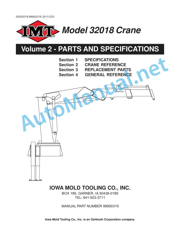IMT Model 32018 Crane Parts and Specifications 99900319