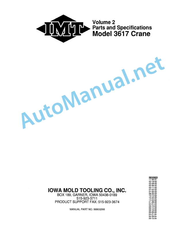 IMT Model 3617 Crane Volume 2 Parts and Specifications 99900266