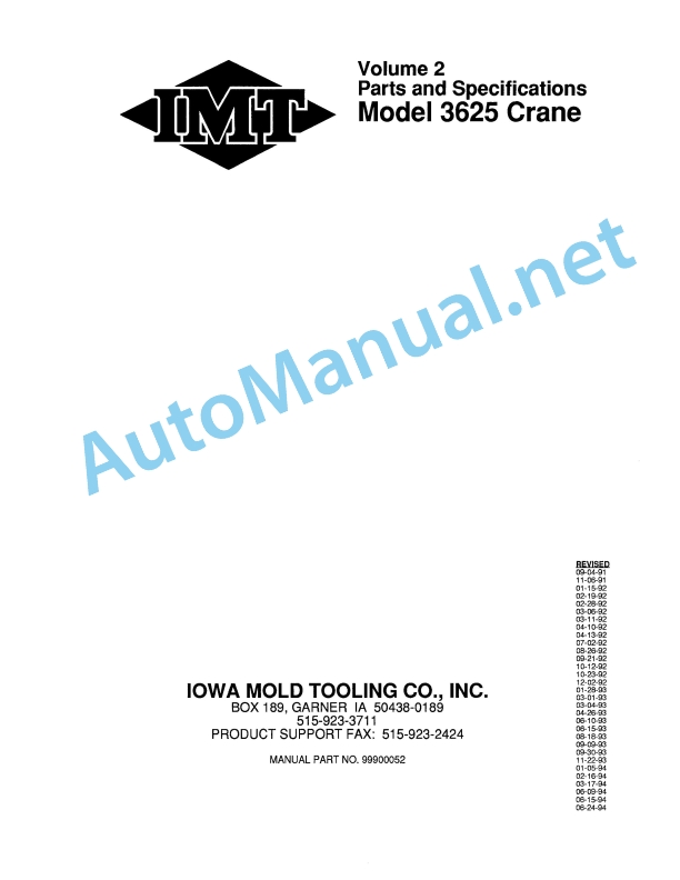 IMT Model 3625 Crane Volume 2 Parts and Specifications 99900052