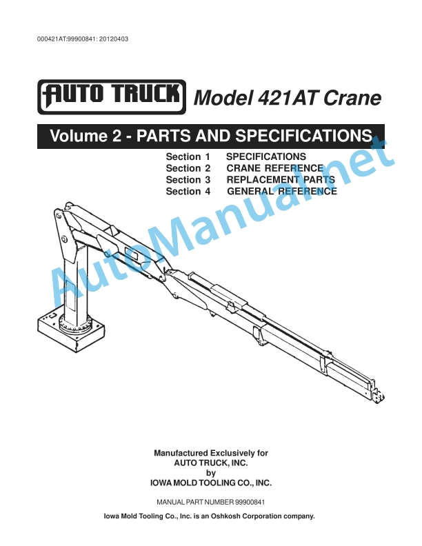 IMT Model 421AT Crane Parts and Specifications 99900841 20120403