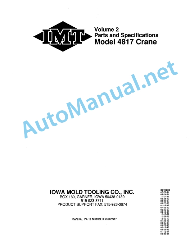 IMT Model 4817 Crane Parts and Specifications 99900317 06-09-94