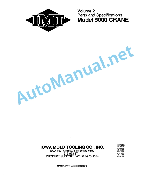 IMT Model 5000 CRANE Volume 2 Parts and Specifications 99900270
