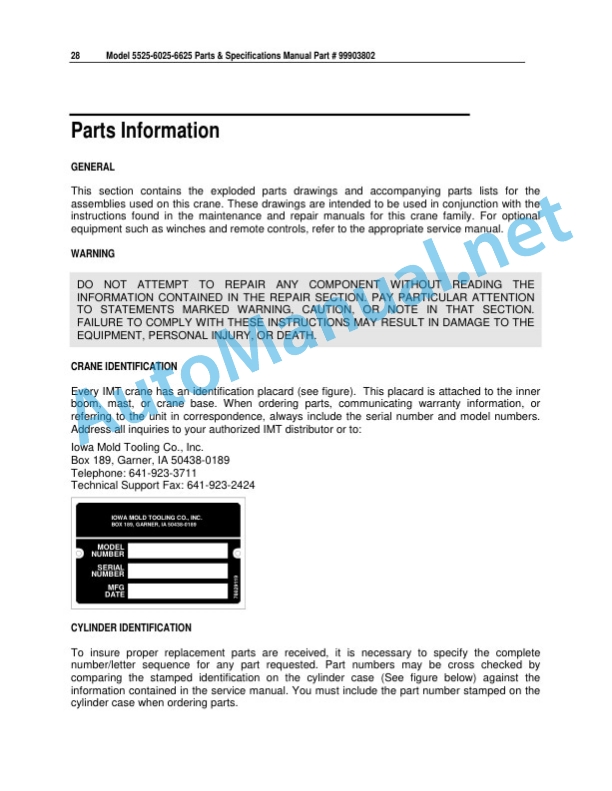Alternative view of IMT Model 5525-6025-6625 Parts and Specifications 99903802 June 14, 2016