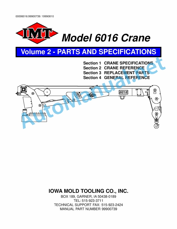 IMT Model 6016 Crane PARTS AND SPECIFICATIONS 99900739